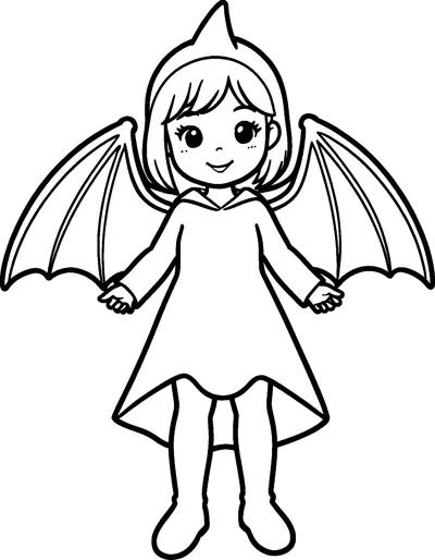 A smiling girl in a pointed hood and long dress holds her arms out to show two big bat wings.