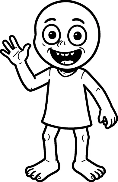 A cartoon zombie with a round head, big eyes and a toothy grin waving one hand.