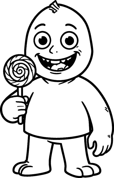 A friendly cartoon monster with a big grin and a bolt on its head holding a swirl lollipop.