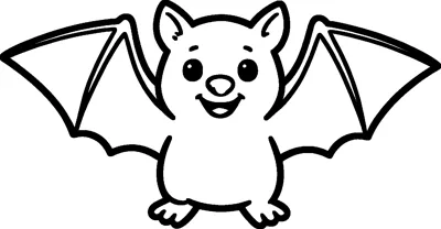 A happy little bat with pointed ears, a round nose and big wings stretched out wide on both sides.