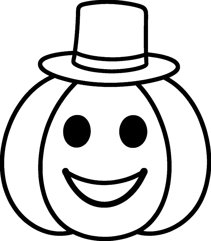 A round pumpkin with a big happy smile and two round eyes wears a tall top hat with a band.