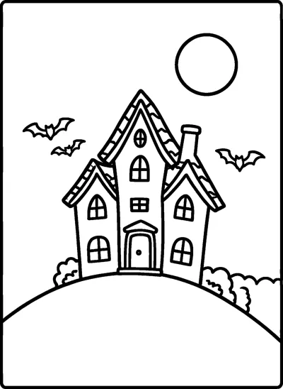 A tall house with pointed roofs and arched windows on a hill, with three bats and a full moon above.