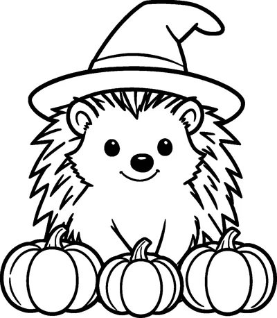 A smiling hedgehog with spiky fur wears a wide witch hat and sits behind a row of three pumpkins.