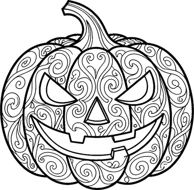 A carved jack-o'-lantern with angled eyes and a wide grin, its whole surface filled with curling swirl patterns.