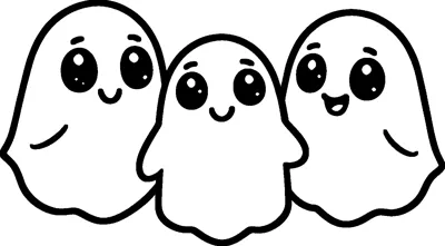 Three smiling kawaii ghosts stand side by side, with a smaller ghost in the middle between two bigger ones.