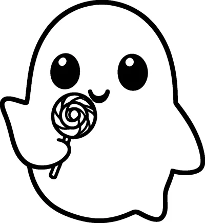 A round kawaii ghost with big shiny eyes and a small smile holds a swirled lollipop in front of it.
