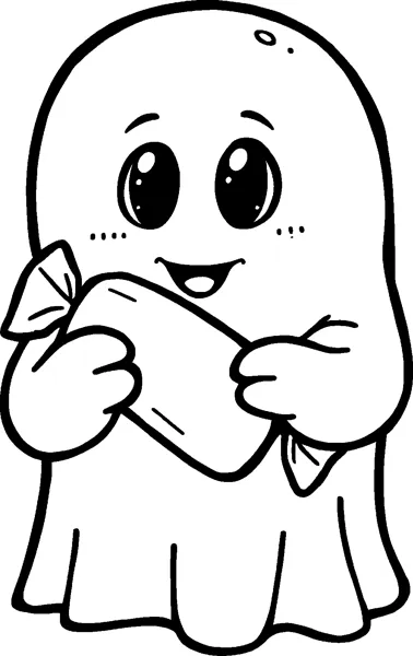 A cute smiling ghost with big shiny eyes and rosy cheeks hugs a large wrapped candy.