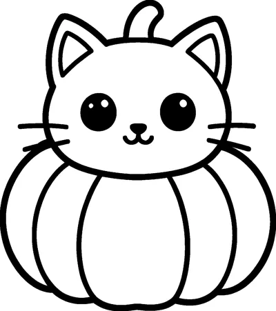 A cute kitten with whiskers and big round eyes peeks out of the top of a large pumpkin.