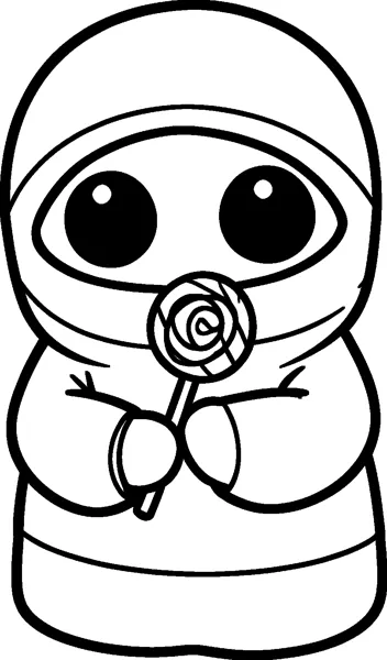 A small kawaii mummy wrapped in bandages, with big round eyes, holds a swirly lollipop in both hands.