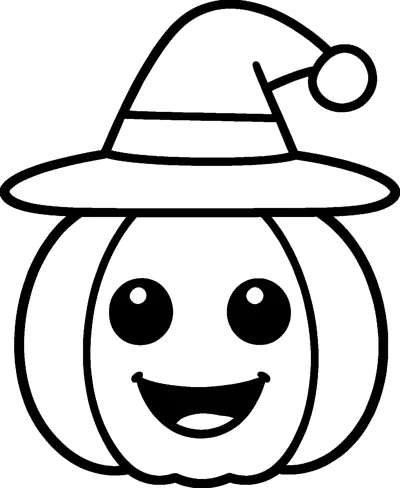 A round, smiling pumpkin with big shiny eyes wears a pointed witch hat with a bobble on the tip.