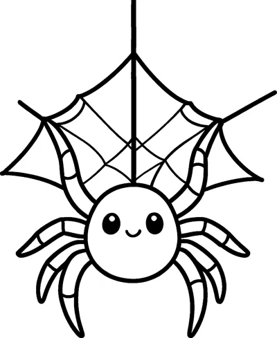 A smiling kawaii spider with eight segmented legs hangs on a thread below a simple web.