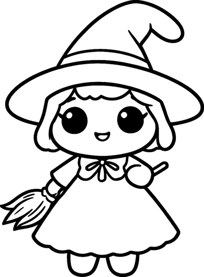 A kawaii witch with huge eyes and a big floppy hat holds a tiny broom beside her wide dress.