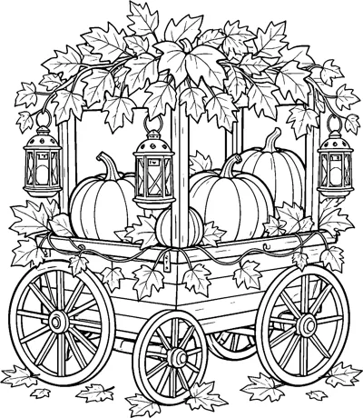 A wooden wagon with spoked wheels carries pumpkins, with hanging lanterns and a canopy of autumn leaves.