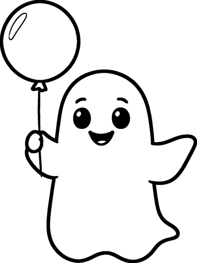 A small smiling ghost holds a round balloon on a string in one hand and waves with the other.