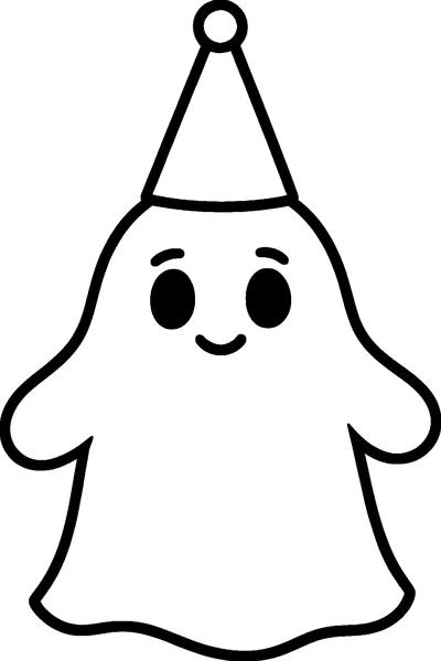 A small smiling ghost with big round eyes wears a tall pointed party hat topped with a pompom.