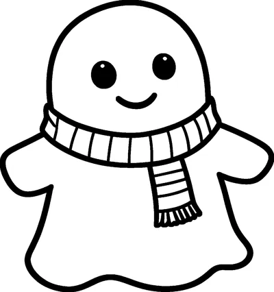A small smiling ghost with stubby arms and a wavy bottom wears a cosy striped scarf with a fringed end.