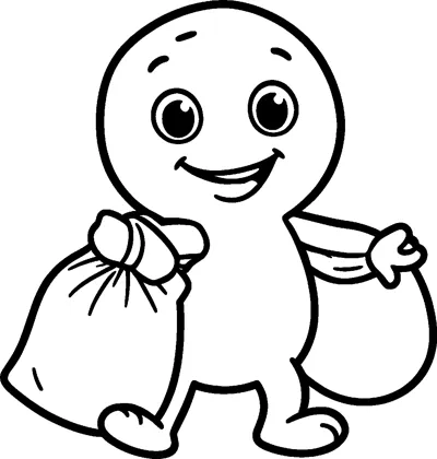 A round-headed little monster with big eyes and a wide grin walks along carrying a full sack in each hand.