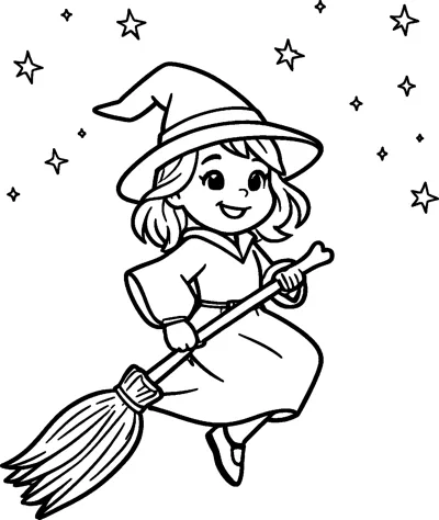 A smiling young witch in a pointed hat and long dress riding a broomstick among outlined stars.