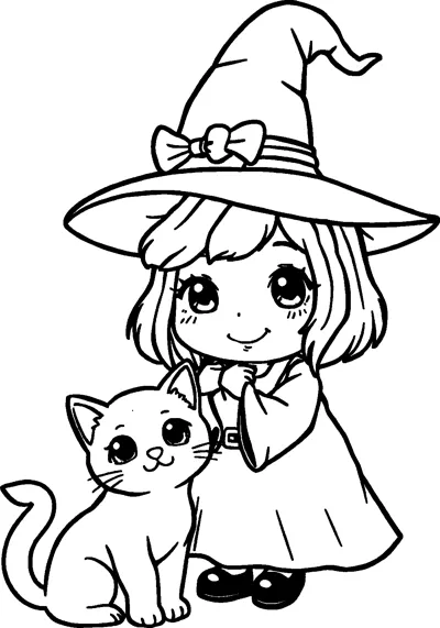 A smiling girl in a tall witch hat with a bow stands beside a happy striped kitten.