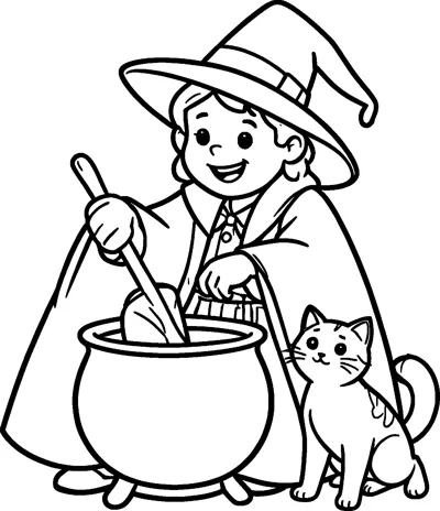 A smiling young witch in a pointed hat stirs a cauldron while a cat sits beside her.