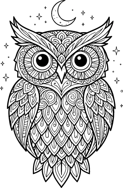 A mandala owl with patterned feathers, swirls and big round eyes sits beneath a crescent moon and small stars.