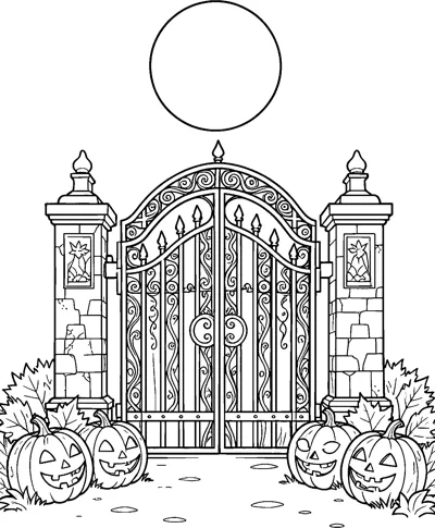 A tall ornate iron gate between stone pillars, with smiling jack-o'-lanterns at its base and a full moon above.