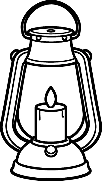 An old-fashioned lantern with a curved handle, side bars and a round base, with a lit candle standing inside.