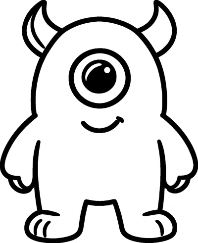 A friendly monster with one big eye, two curved horns, a smile and short legs.