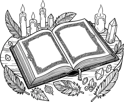An open book with ornate page borders rests on a round table among dripping candles, pointed crystals and patterned feathers.