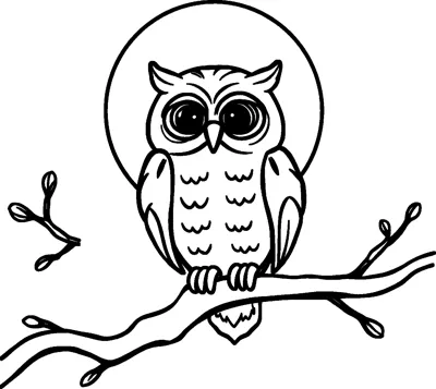 A wide-eyed owl perches on a long budding branch in front of a large round full moon.