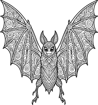 A bat with outstretched wings filled with swirls, leaf shapes and chevron patterns, shown from the front.