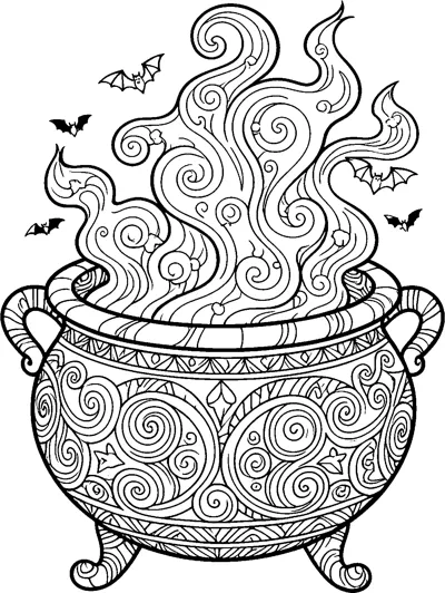 A big patterned cauldron on three curled legs with swirling smoke rising from the top and small bats flying around.
