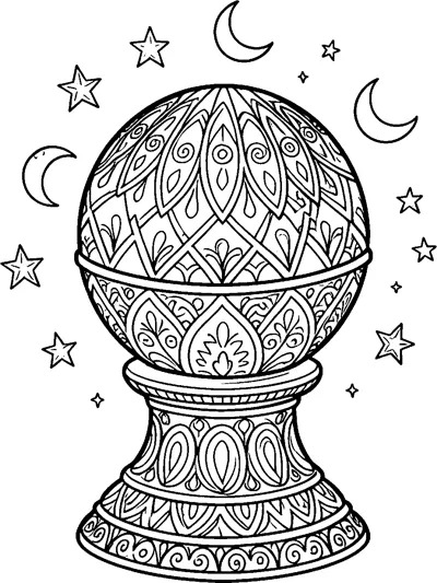 A crystal ball covered in petal and swirl patterns rests on a decorated stand, surrounded by small stars and crescent moons.