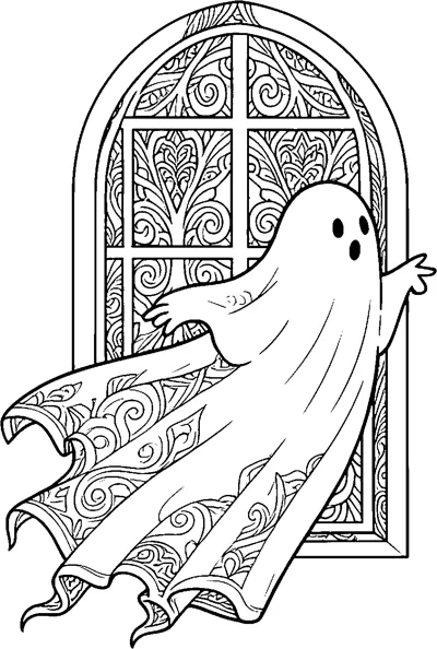A ghost with a swirl-patterned sheet floats with arms out in front of a tall arched window filled with patterns.