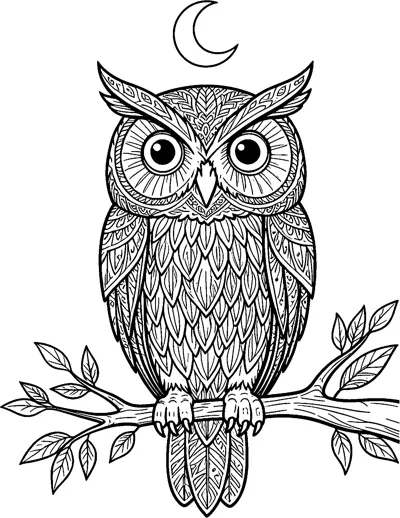 An owl with patterned feathers and big round eyes perches on a leafy branch beneath a small crescent moon.