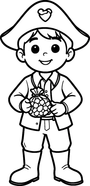 A smiling boy dressed as a pirate in a big tricorn hat, jacket and tall boots holds a bag of sweets.