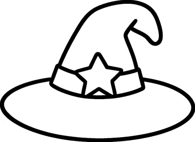 A tall pointed witch hat with a curled tip, a wide brim and a band decorated with one star.