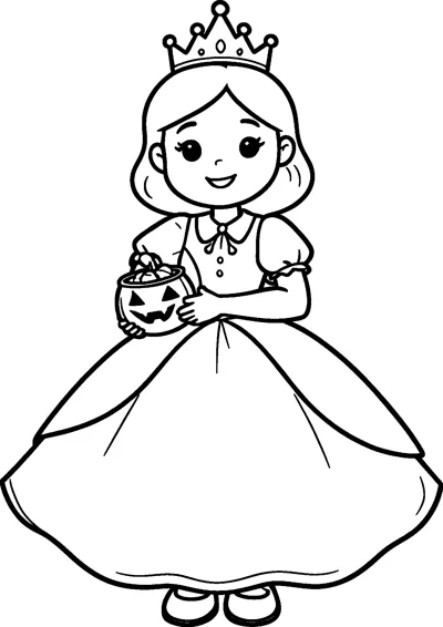 A smiling girl in a princess gown and crown holds a jack-o'-lantern sweet bucket.