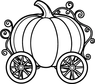 A round pumpkin carriage on two spoked wheels with curly vines spiralling around its sides.