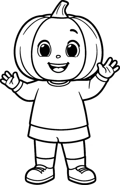 A happy child in a pumpkin hood and long sleeved top waving both hands in the air.