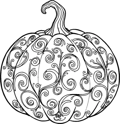 A large ribbed pumpkin with a curled stem, covered all over in looping spiral swirls.