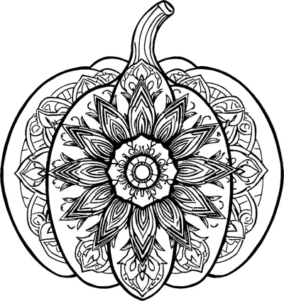 A pumpkin with a curved stem filled with a layered flower mandala of pointed petals and swirls.