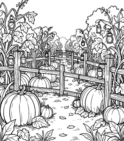 A dirt path runs through a pumpkin patch between wooden fences hung with lanterns, with big pumpkins and leafy vines on both sides.
