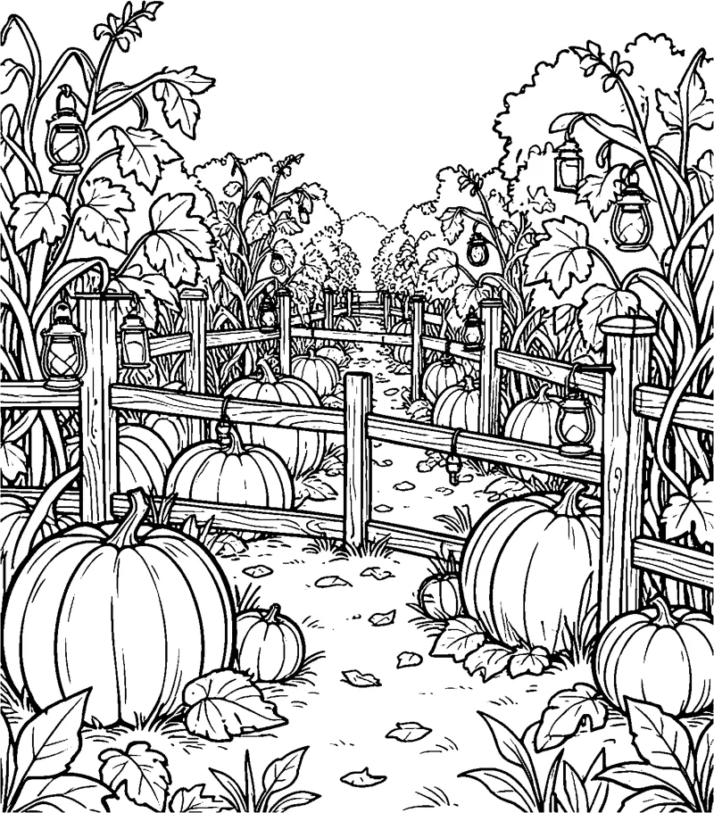A dirt path runs through a pumpkin patch between wooden fences hung with lanterns, with big pumpkins and leafy vines on both sides.