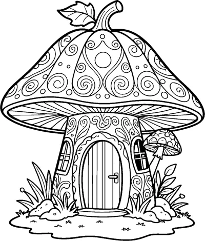 A mushroom fairy house with a swirl-patterned cap topped by a pumpkin stem and leaf, an arched door and two small windows.