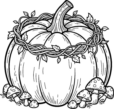 A big ridged pumpkin with a twisted vine wreath around its top and spotted toadstools growing at its base.