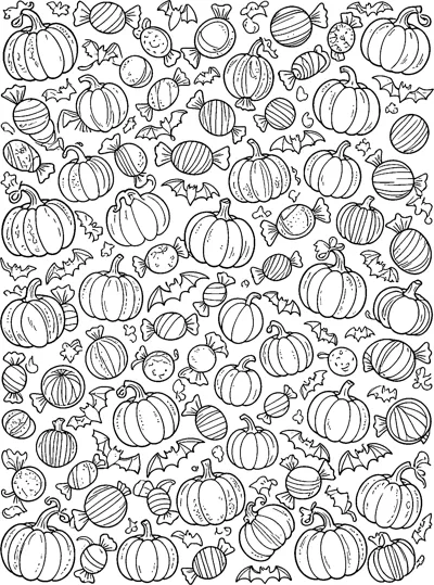 A page filled with striped pumpkins, wrapped sweets, round candies and little bats.