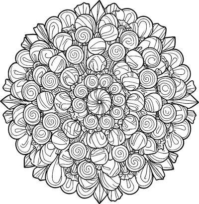 A round mandala made of wrapped sweets and swirly lollipops packed tightly together around a large peppermint in the middle.