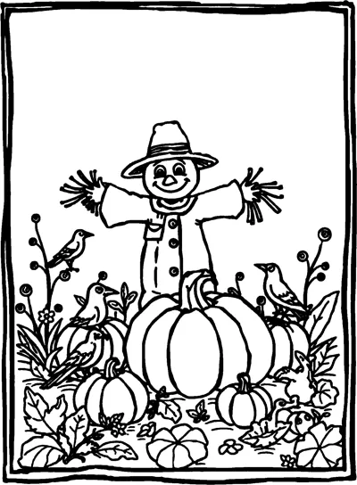 A smiling scarecrow in a straw hat stands behind big pumpkins with four crows perched around the patch.