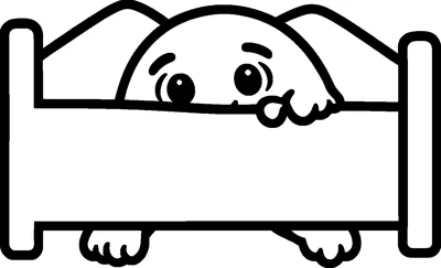 A shy round monster with big eyes peeks over the end of a bed, paws showing.